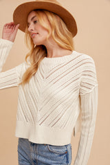 Round Neck Pointelle Knit Sweater White