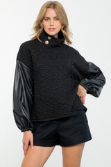 Textured Mock Button Neck Leather Sleeve Top Black