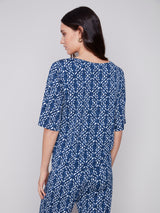 Printed V Neck Knotted Hem Top Indigo