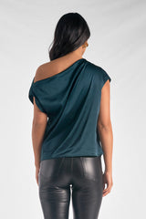 Drape Off Shoulder Satin Top Green Pine