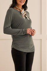 Side Ruche Long Sleeve Crew Neck Shirt Hunter