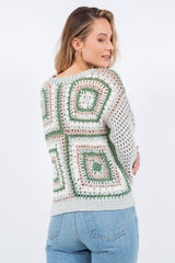 Open Knit Crochet Squares Sweater Sage
