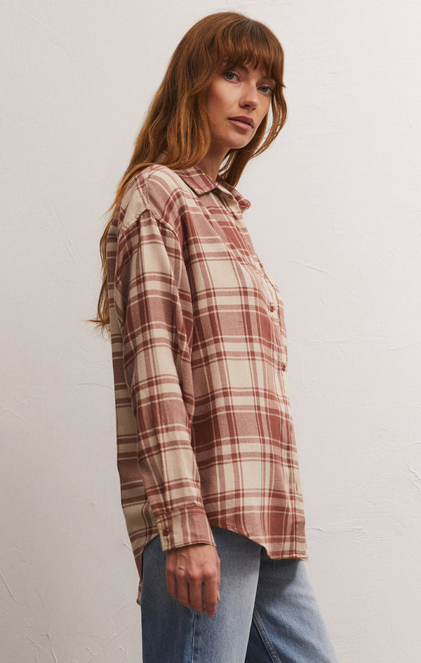 River Plaid Button Up Shirt Tiger Eye