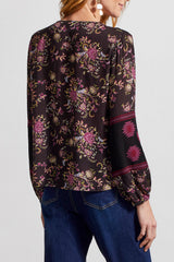 Embroidered Details Buttoned Floral Blouse Black