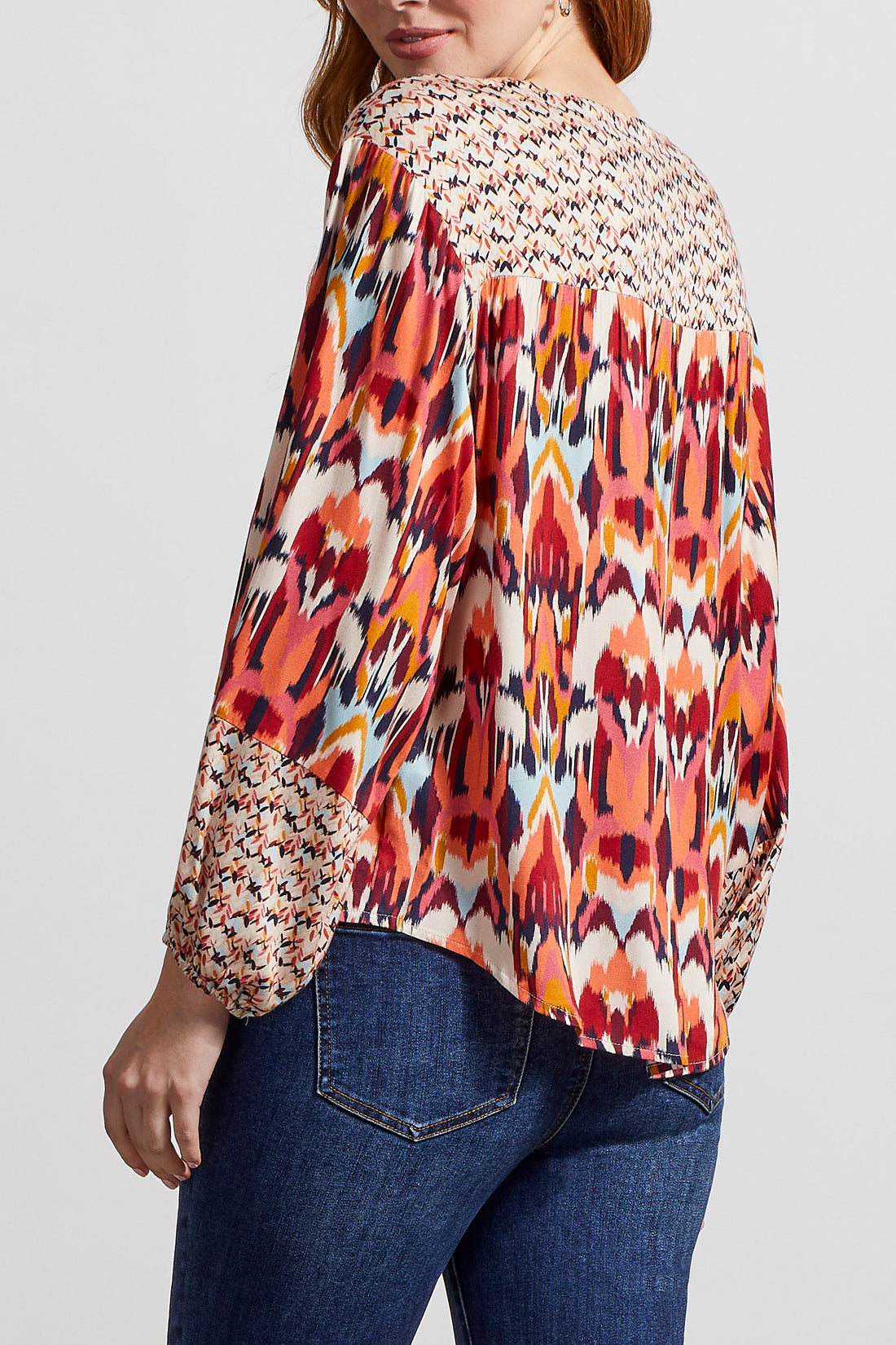 Combo Print Tie Neck Bubble Sleeve Blouse Earth Red