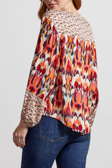 Combo Print Tie Neck Bubble Sleeve Blouse Earth Red