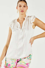 Flutter Sleeve Ruffled Split Neck Smocked Yoke Blouse Pearl