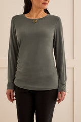 Side Ruche Long Sleeve Crew Neck Shirt Hunter