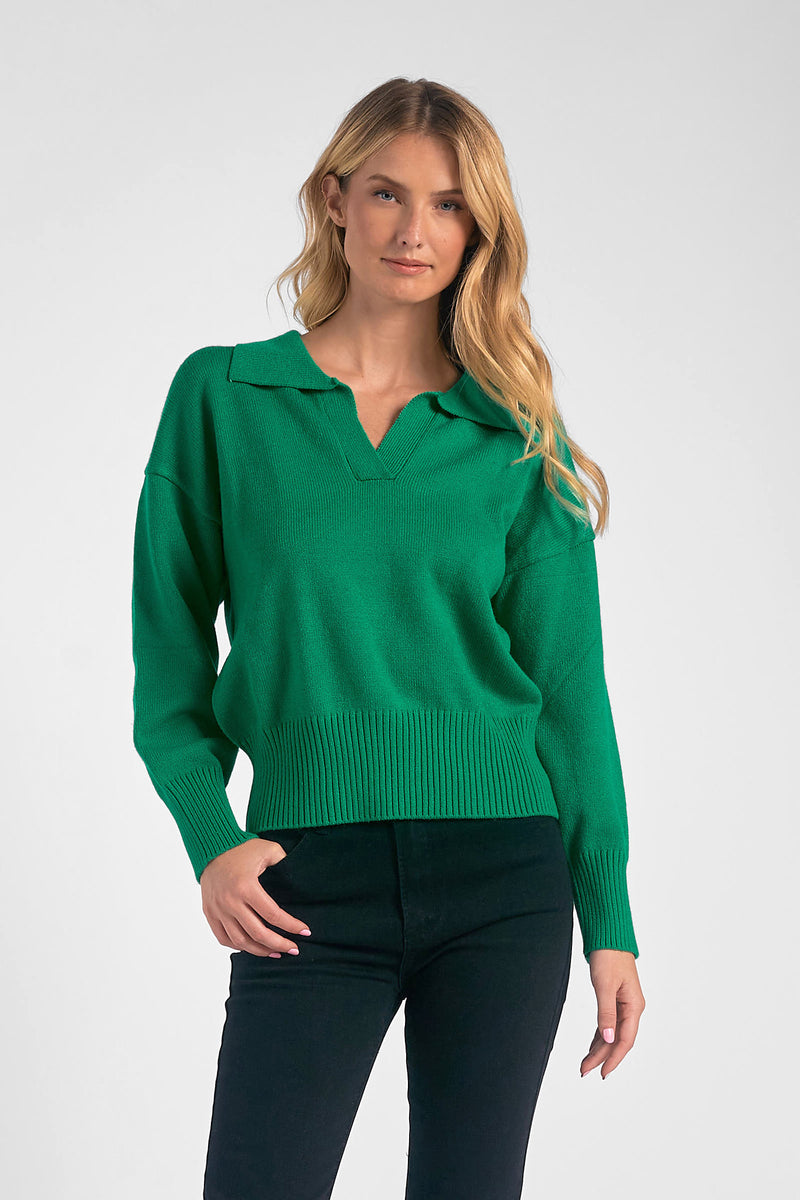 Collared Drop Shoulder Sweater Top Kelly Green