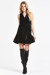 Eliza Crushed Velvet Tiered Dress Black