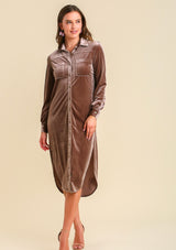 Button Up Velvet Midi Shirt Dress Almond