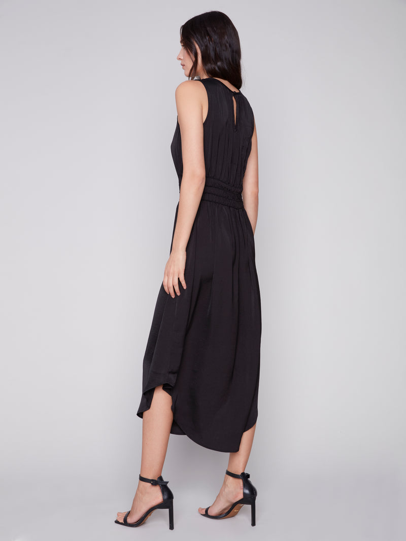 Smocked Waist Solid Sleeveless Dress Black