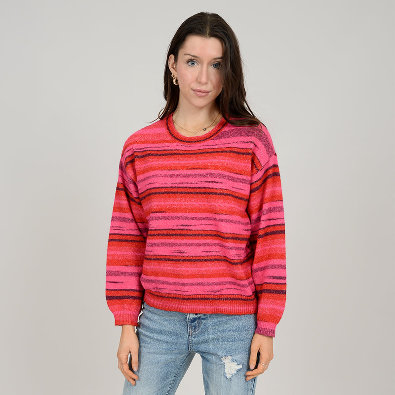 Alaina Stripes Crew Neck Knit Pullover Pink + Burgundy Space Dye