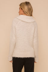 Eyelash Henley Buttoned Collar Sweater Ivory