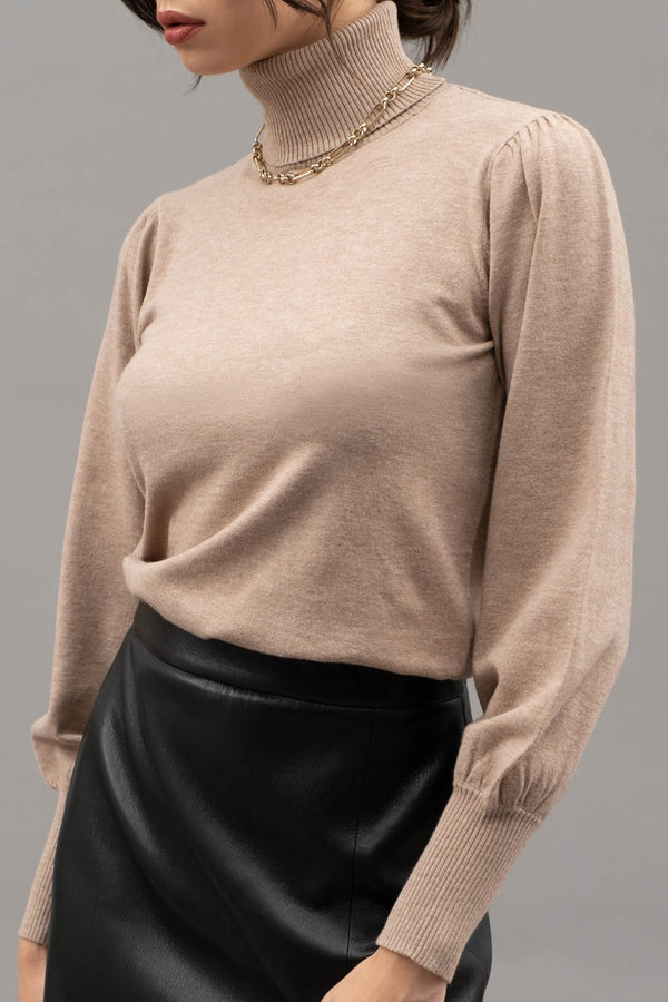 Solid High Neck Long Sleeve Knit Top Taupe