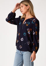 Artsy Floral 3/4 Sleeve Button Down Top Navy + Mustard