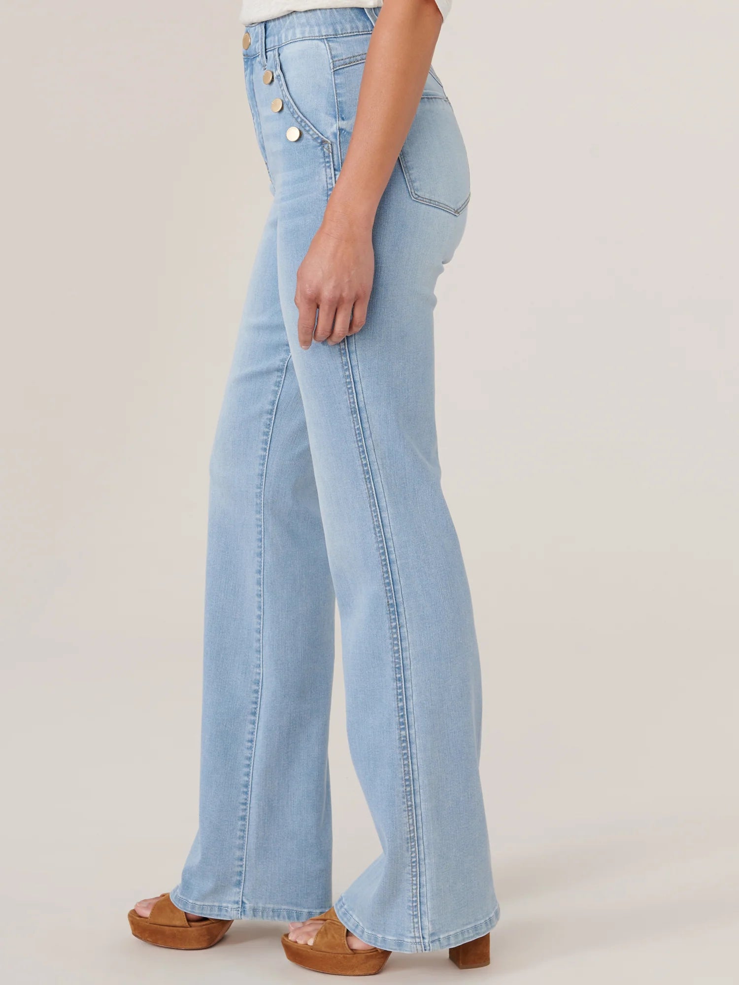 Skyrise Button Hip Long Flare Jean Powder Blue Artisanal