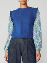 Lotus Floral Sleeve Ruffle Shoulder Knit Top Green + Blue Multi