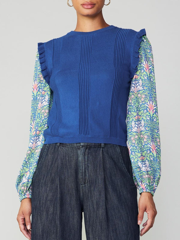 Lotus Floral Sleeve Ruffle Shoulder Knit Top Green + Blue Multi