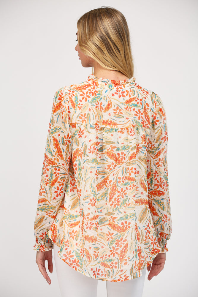 Frill Neck Buttoned Floral Print Smock Sleeve Blouse Cream Multi