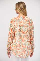 Frill Neck Buttoned Floral Print Smock Sleeve Blouse Cream Multi
