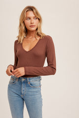 Lace Trimmed Wide Rib Long Sleeve Top Chocolate