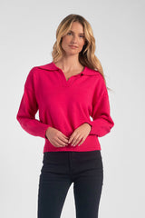 Collared Drop Shoulder Sweater Top Fuchsia