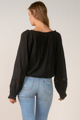 Crochet Piping Tied Vneck Long Sleeve Blouse Black