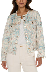 Fray Hem Classic Jean Jacket Ocean Blue Ecru Marble