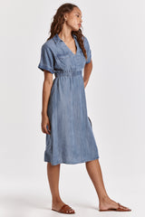 Erika Collared Slit Skirt Midi Dress Independence Blue