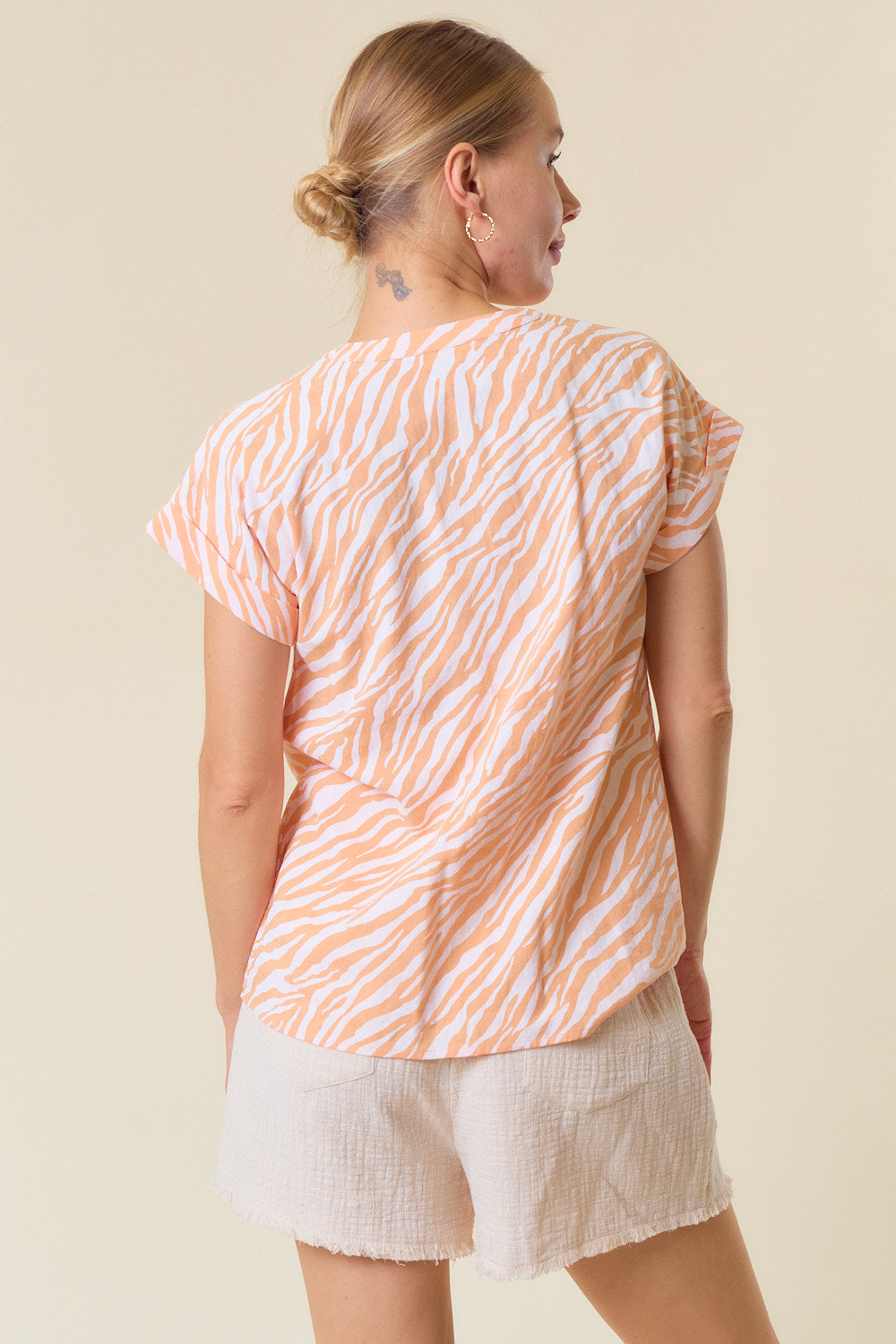 Notched Neck Zebra Print Dolman Short Sleeve Top Apricot