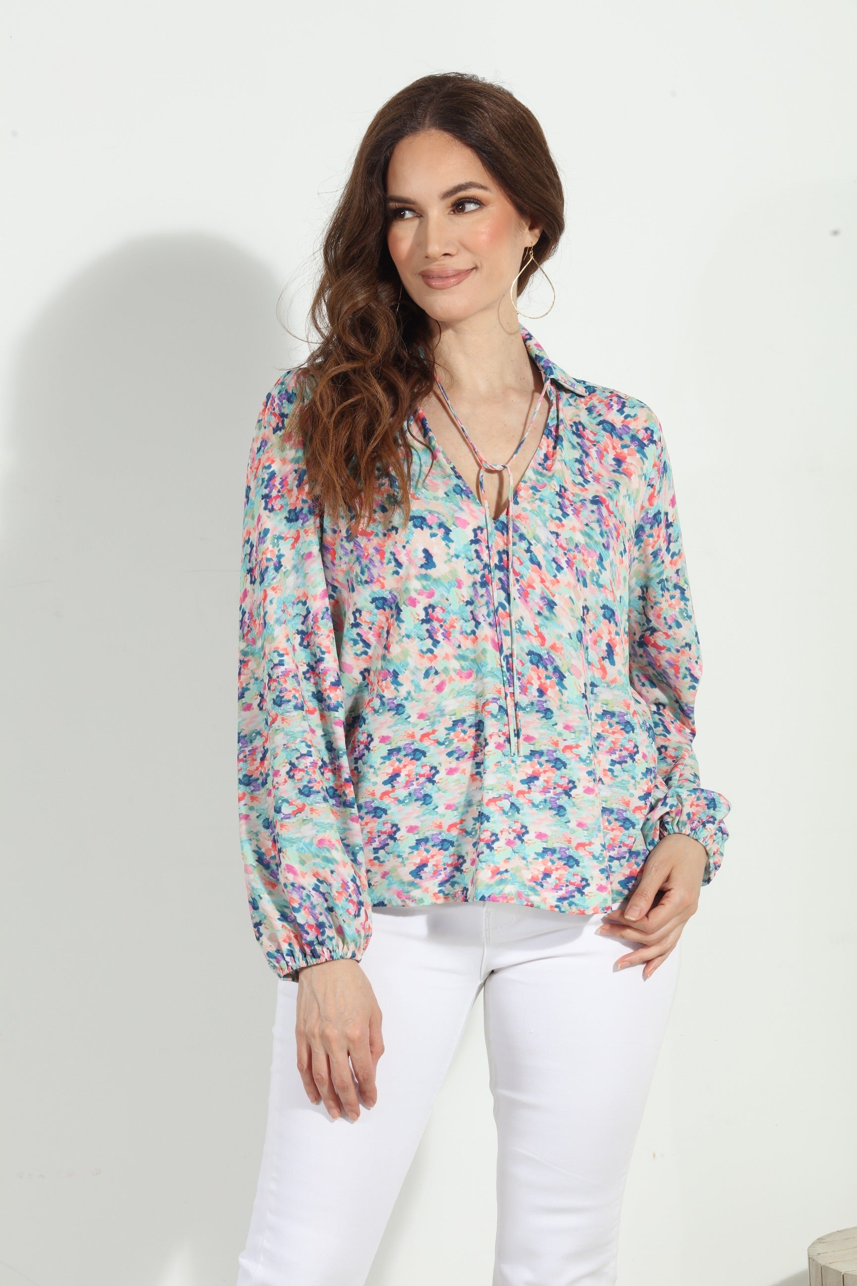 Collared Tie Neck Printed Long Sleeve Blouse Nadi