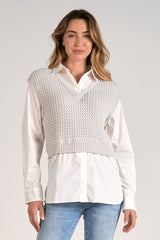 Woven Two Fer Collared Shirt Sweater Heather Grey