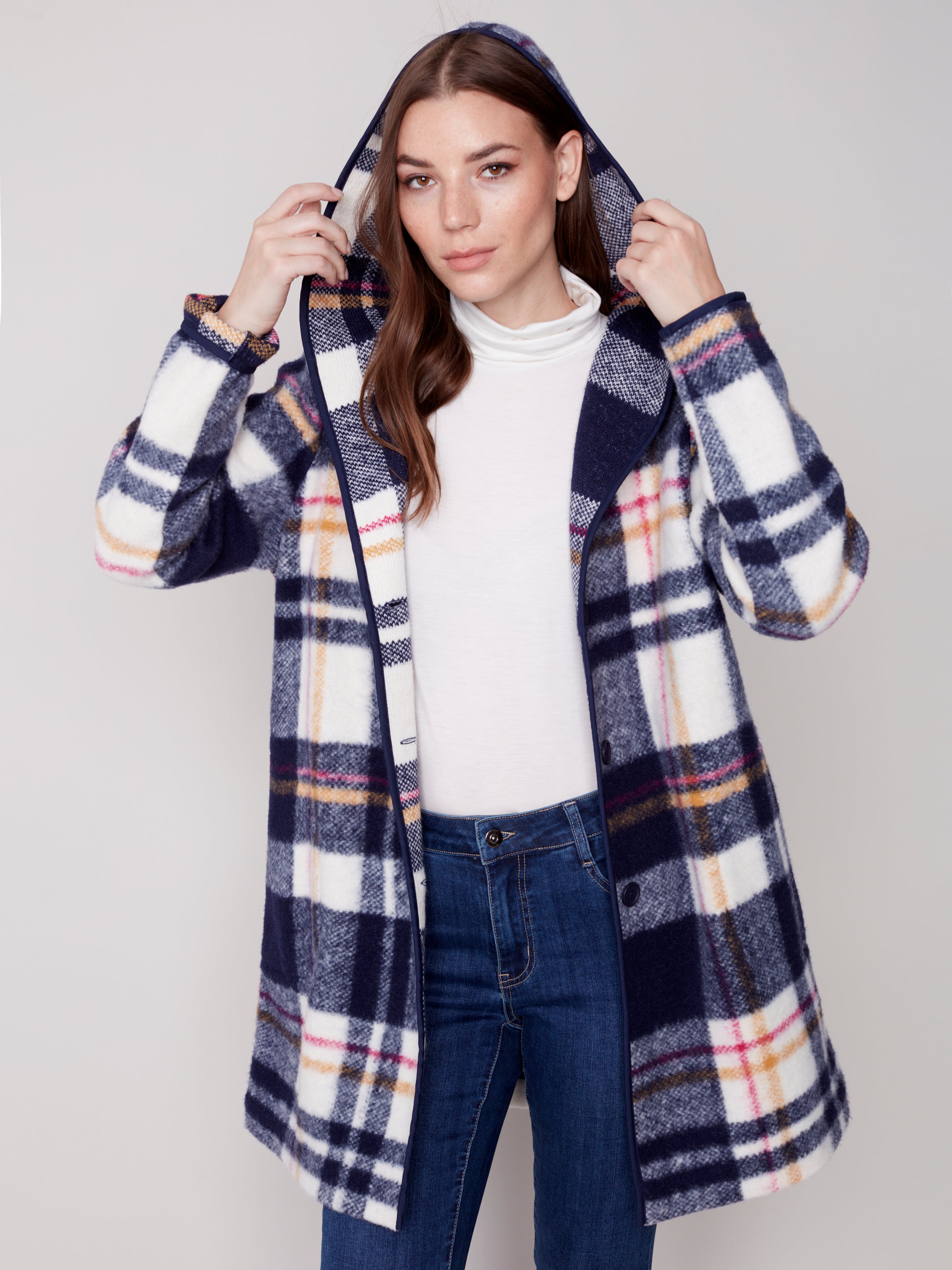 Hooded Button Front Boiled Wool Plaid Jacket Navy