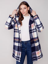 Hooded Button Front Boiled Wool Plaid Jacket Navy