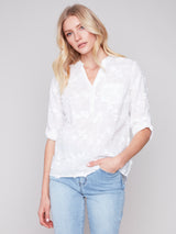 Tonal Emb. Roll Tab Sleeve Blouse White