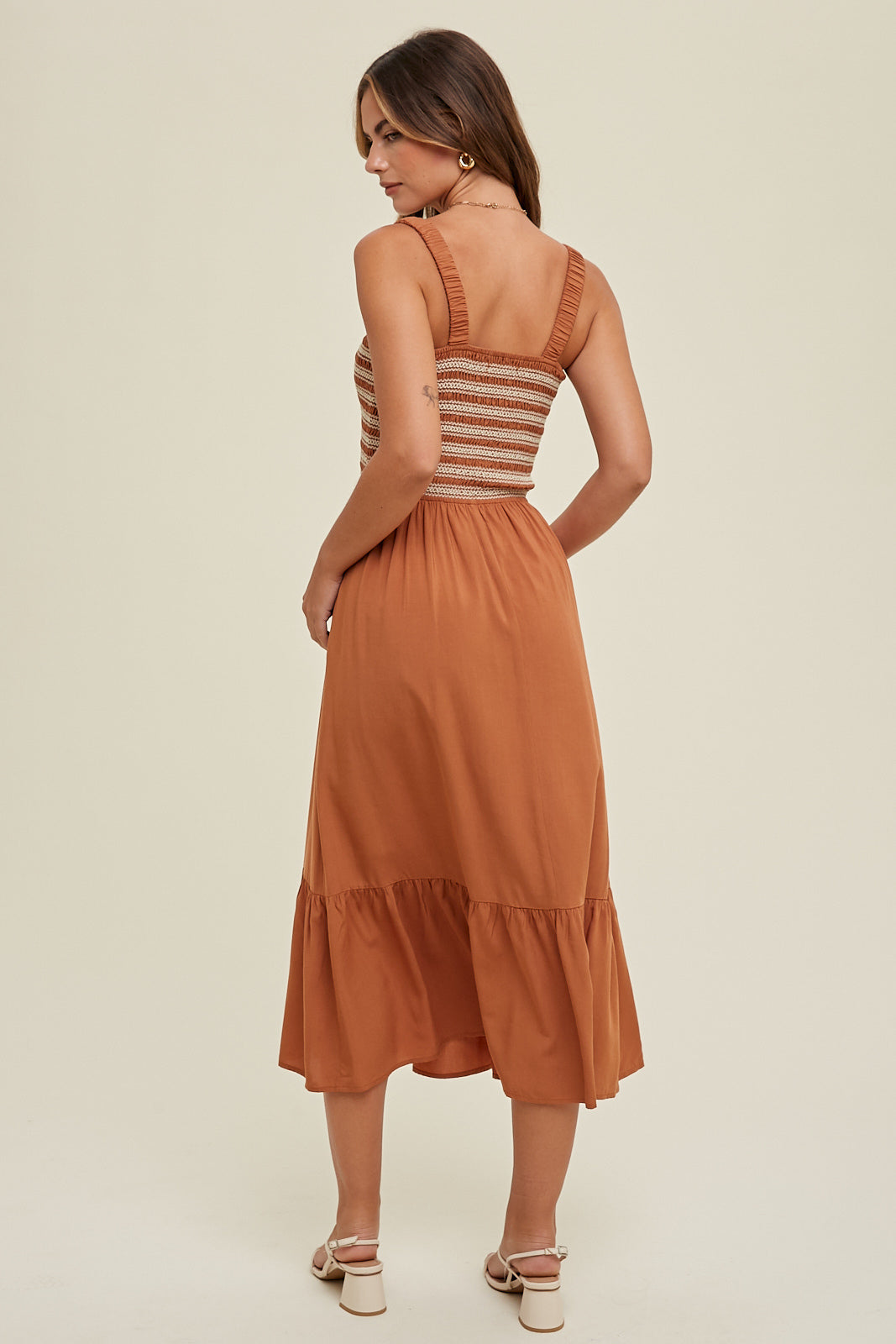 Embroidered Smock Bodice Ruched Strap Midi Dress Cinnamon