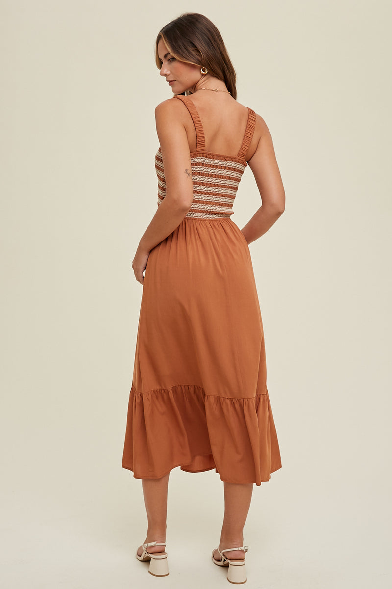 Embroidered Smock Bodice Ruched Strap Midi Dress