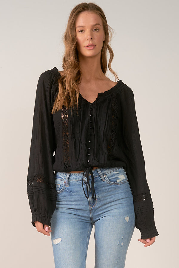 Crochet Piping Tied Vneck Long Sleeve Blouse Black