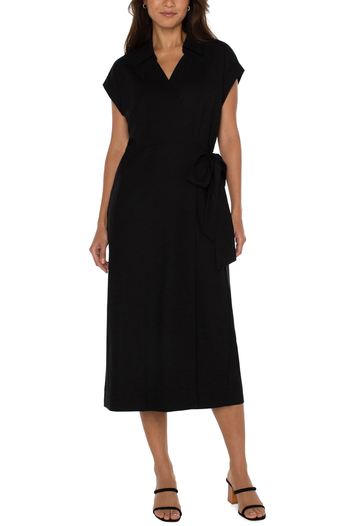 Collared Tied Wrap Midi Dress Black