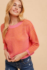 Pointelle Striped Knit Sweater Orange + Pink