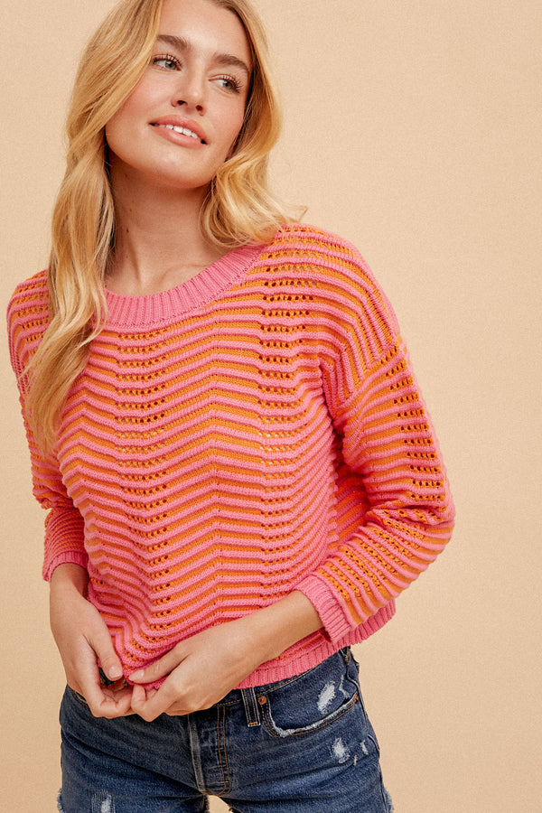 Pointelle Striped Knit Sweater