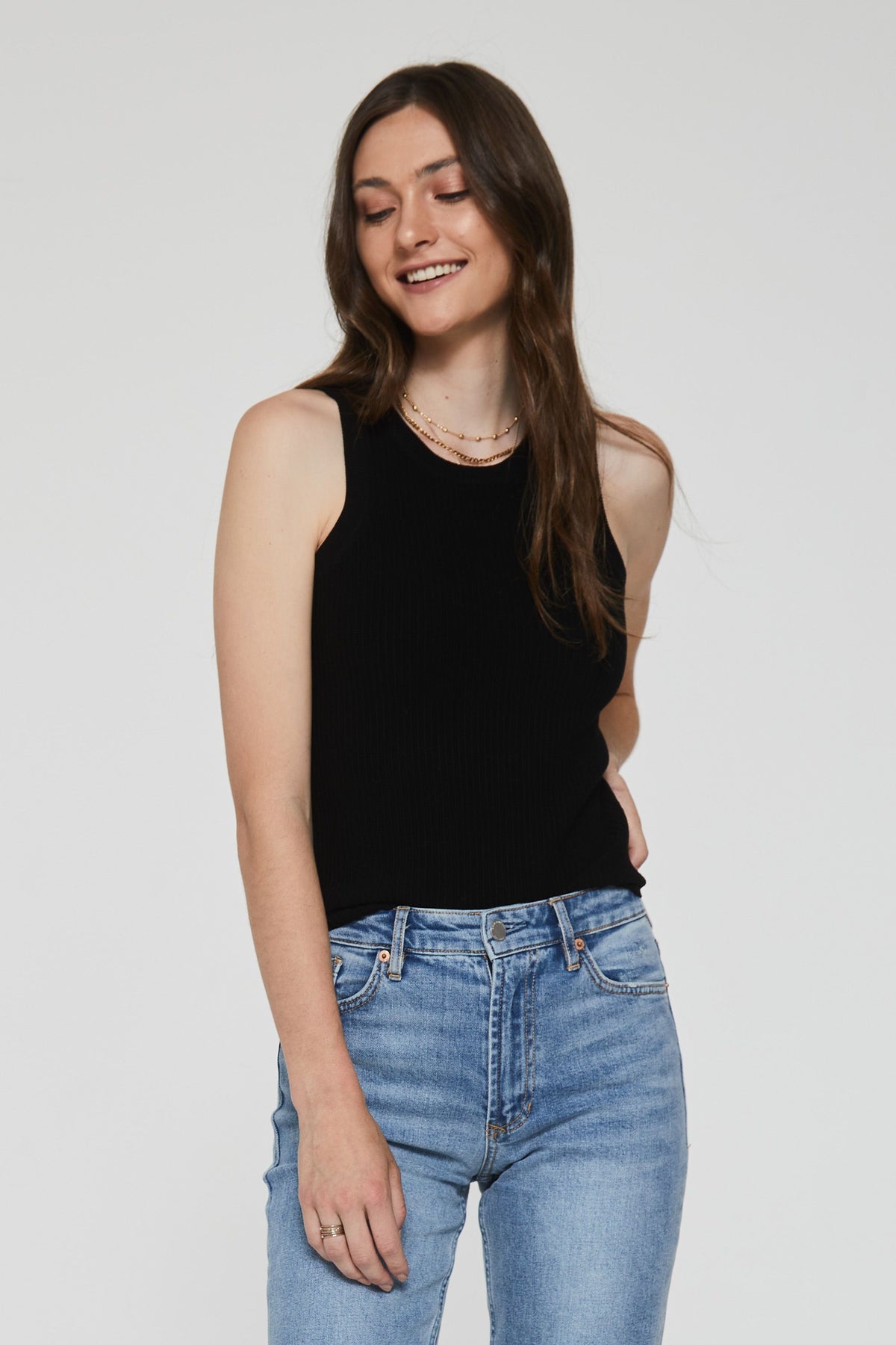 Cora High Neck Ribbed Tank Black