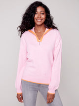 Quarter Zip High Collar Contrast Sweater Heather Orchid