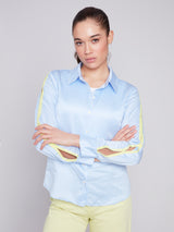 Ribbon Tape Sleeve Stripe Poplin Shirt Sky