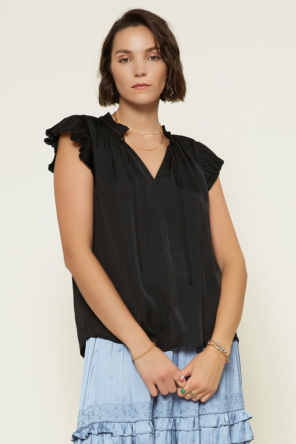 Pleated Sleeve Tie Neck Blouse Top