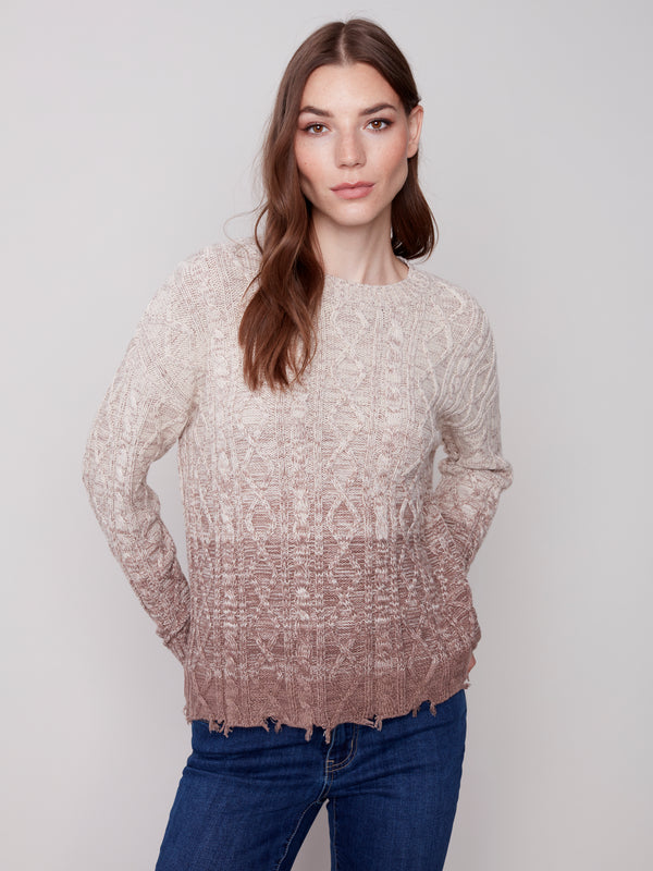Ombre Cotton Blend Cable Knit Sweater Truffle