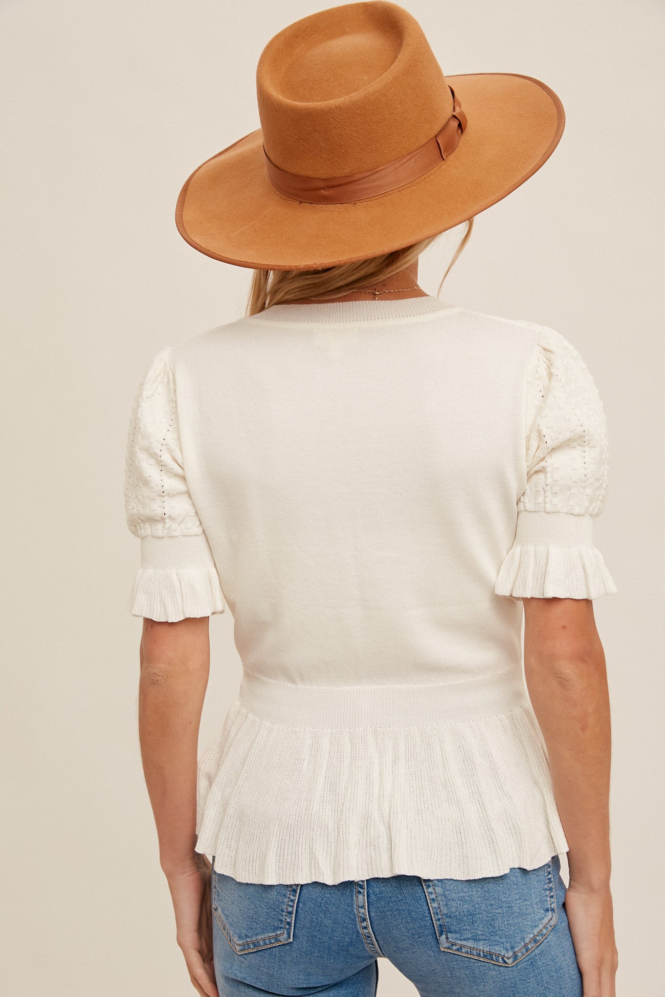 Flounce Sleeve Peplum Knit Top Ecru