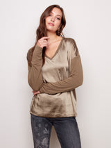 Satin Contrast Knit Top Pine