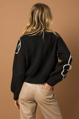Flower Embroidery Mock Neck Sweater Black+ Ivory